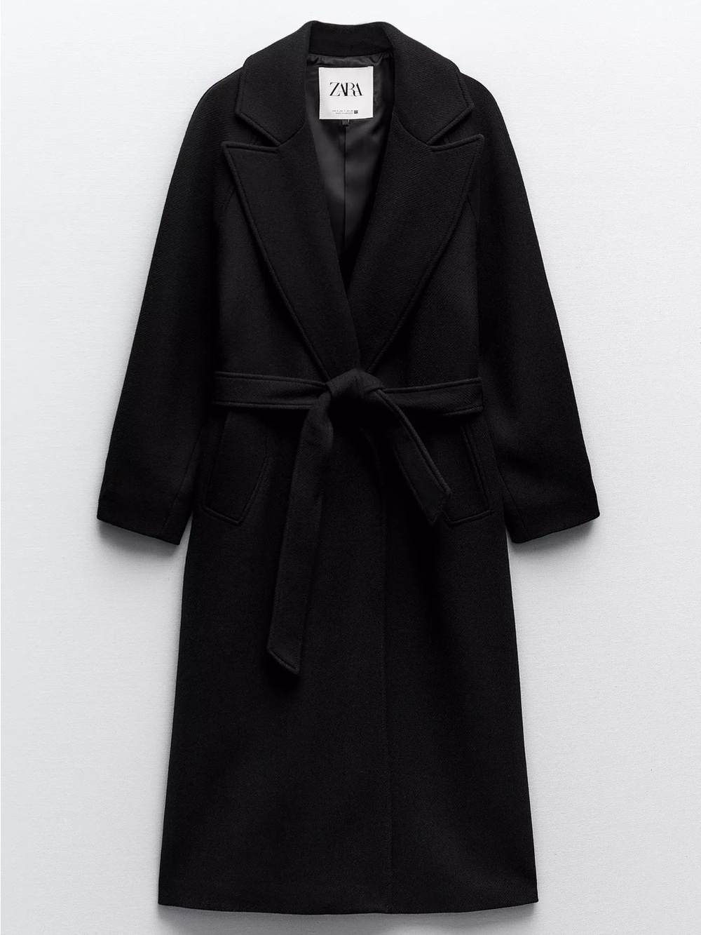 Zara Long Belted Wool Blend Coat – Black, Size L - Picture 11 of 12
